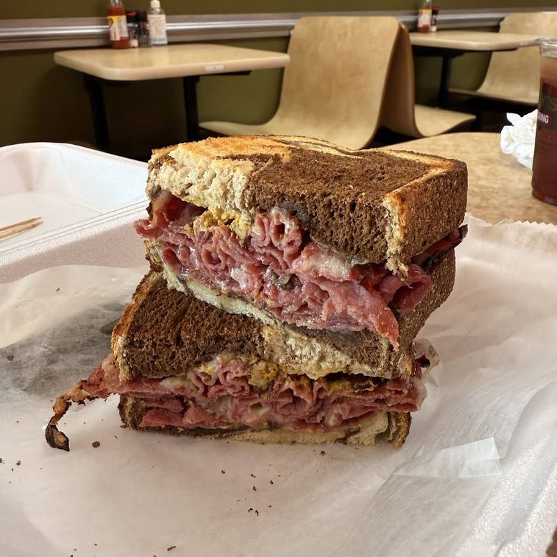 Corned beef Reuben on grilled marble rye